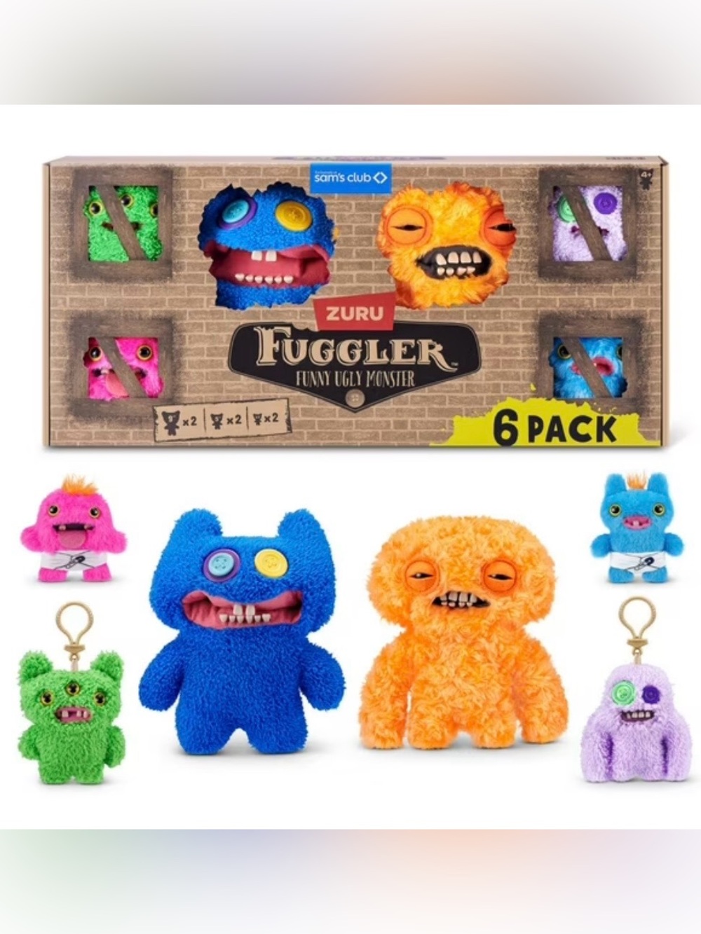 Fuggler Funny Ugly Monster 6 pk 2 each size 9", 5" & 3.5" Keychain Zuru, Set 2